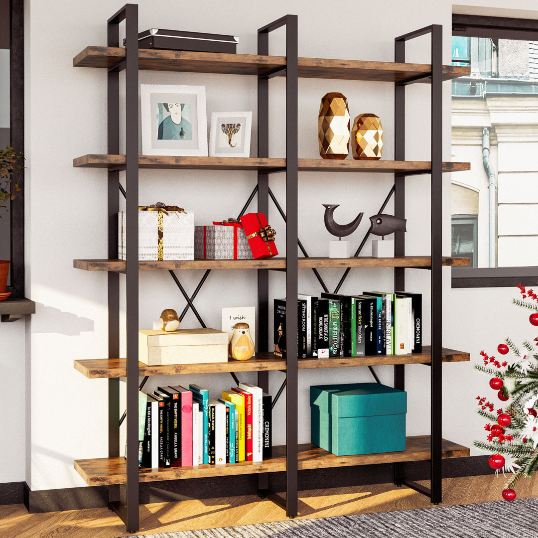 Wynot 70 H x 53.1 W Bookcase Double Wide 5 Tiers, Etagere Industrial Bookshelf with Metal Frames, Bookcase with Open Display Shelves